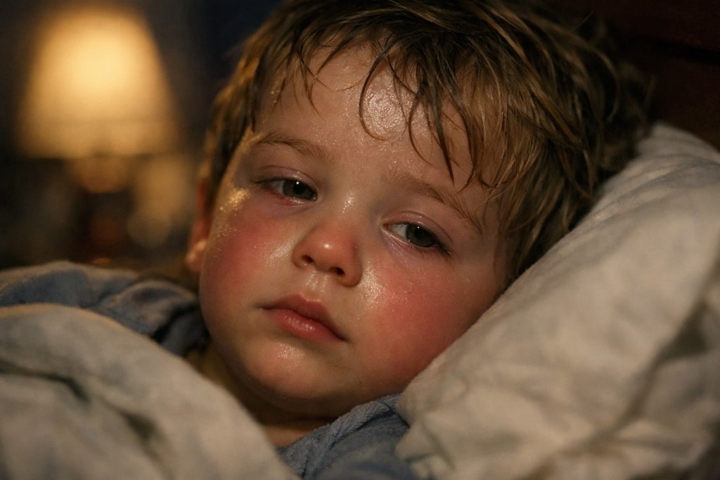 Bebé con fiebre en brazos de su madre mientras le toman la temperatura con termómetro digital