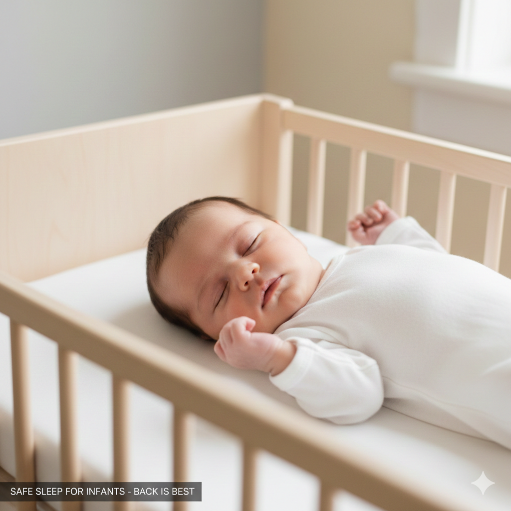 Recién nacido durmiendo boca arriba en una cuna, en posición segura de sueño