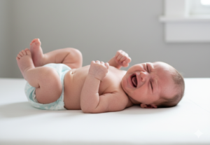Bebé con cólicos del lactante llorando y encogiendo las piernas
