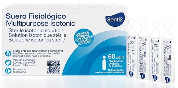 Suero fisiológico monodosis estéril para bebé y niños en envases individuales para higiene nasal, ocular y limpieza de heridas