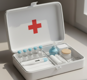 Botiquín pediátrico básico para bebé con termómetro, suero fisiológico y material de curas recomendado por pediatra