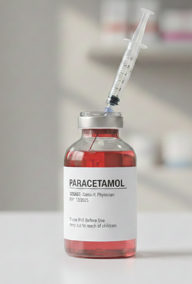 jarabe pediátrico con jeringa dosificadora para tratamiento de fiebre infantil