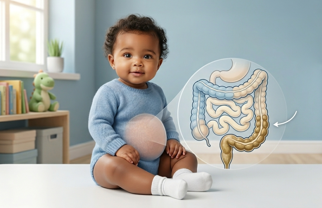 Bebé con estreñimiento mostrando ilustración del intestino con heces retenidas en el colon