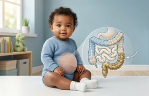 Bebé con estreñimiento mostrando ilustración del intestino con heces retenidas en el colon